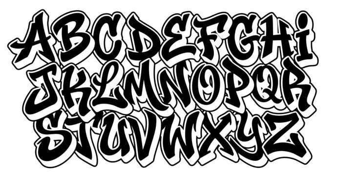 Graffiti Alphabet Letters Set - Bold Black 3D Bubble Street Art Font on White Background