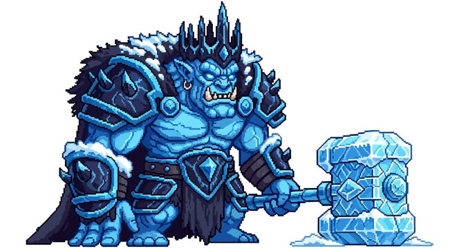 Giant Blue Frost Orc Warrior Holding Ice Hammer.