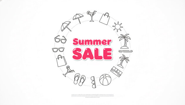 A circle of minimalist summer icons surrounds the text "Summer Sale," symbolizing seasonal discounts and vacation themes with a clean, graphic style.
