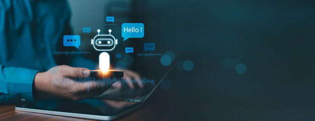 Fototapeta premium AI chatbot and customer service automation concept with digital assistant, speech bubbles, and voice waveform on laptop. Modern communication technology, support system, and virtual help innovation.