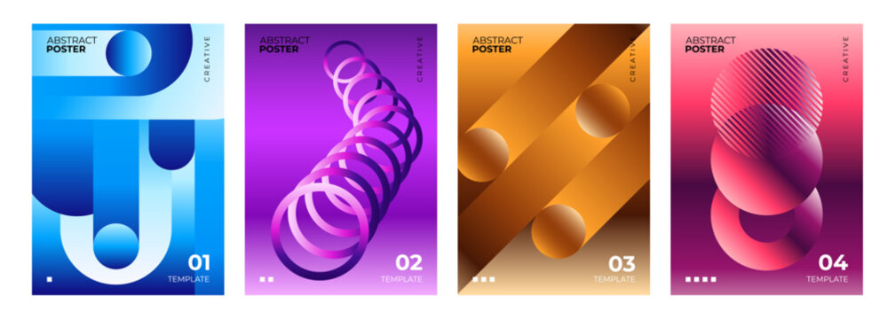 Set of Abstract Posters. Vibrant gradient dynamic geometric shapes on color background. Creative graphic designs. Vector illustration.