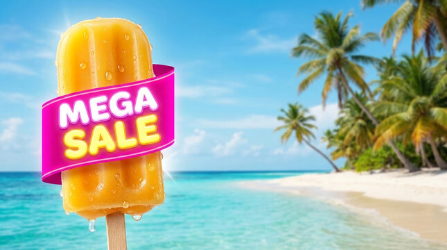 Orange popsicle with "Mega Sale" banner on a tropical beach background, symbolizing summer deals and refreshing treats