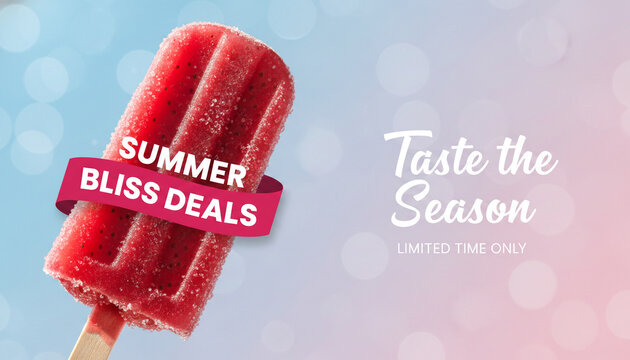 Close-up of a red, icy popsicle with sugar crystals and visible fruit pulp, symbolizing summer refreshment and sweet treat, featuring "Summer Bliss Deals" and "Taste the Season" text.
