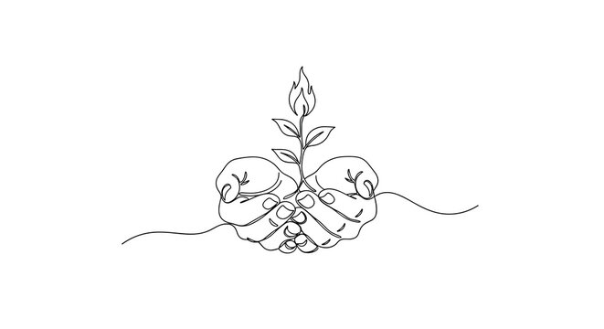 A continuous line art illustration of human hands delicately holding a tiny sprouting plant with three leaves on a plain white surface with simple lighting.
