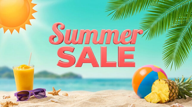 Vibrant summer sale announcement on a beach, featuring a refreshing drink, sunglasses, and beach ball, symbolizing vacation and great deals