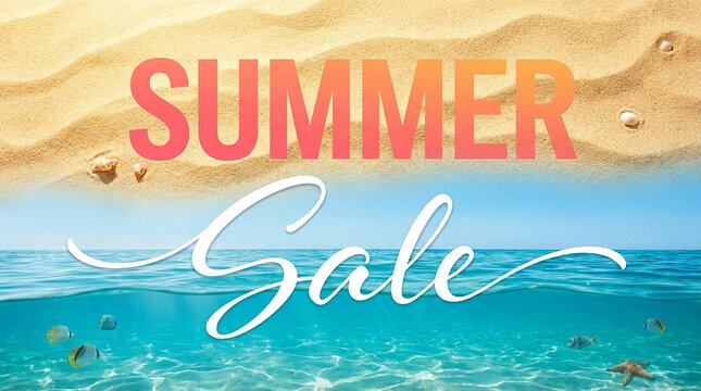 Illustration of beach sand and ocean water with the words "Summer Sale" promoting seasonal offers, symbolizing discounts and holiday deals.