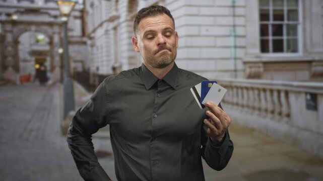 Man holding creditcard in hand on street by a stone building, showing three cards with a resigned expression and one arm on hip; hesitation decision.