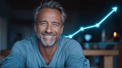 Obraz premium Smiling mature man with positive financial growth graph symbolizing success and achievement
