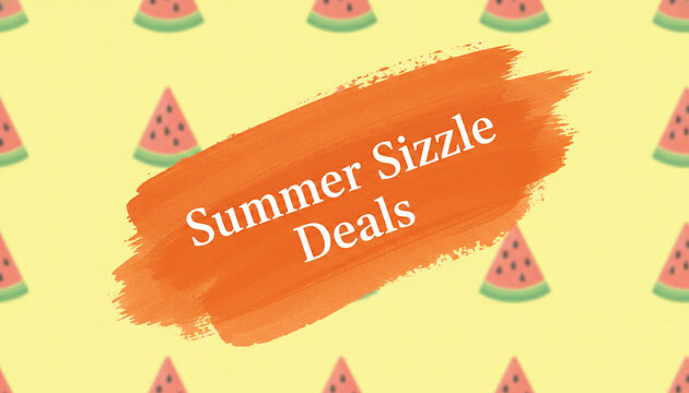 Bright yellow background with repeating watermelon slice pattern, featuring an orange brush stroke with white text "Summer Sizzle Deals", showcasing a promotional concept.