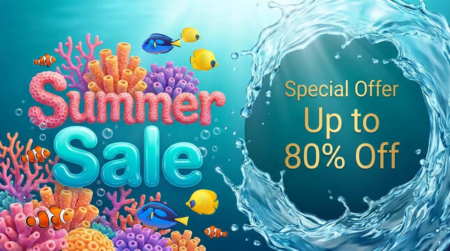 Underwater scene with colorful coral, fish, and text promoting a summer sale, suggesting ocean themes and aquatic adventure, with free space for text.