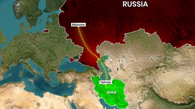 Animated map showing transit route between Moscow and Tehran video clip