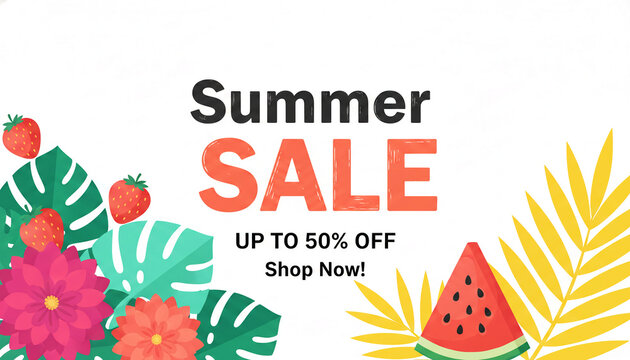 Summer sale graphic with vibrant fruit and floral elements, announcing up to 50% off, showcasing a festive seasonal promotion