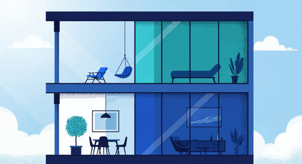 Fototapeta premium Modern blue glass building with outdoor balcony and interior furniture in a sunny urban setting.