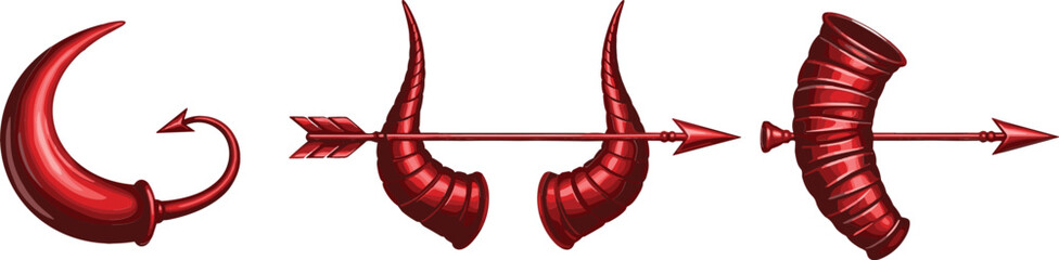 Devil horns and tail set with red fantasy elements and arrow details vector illustration for halloween design costume accessories and spooky themed graphics © MdNazmul