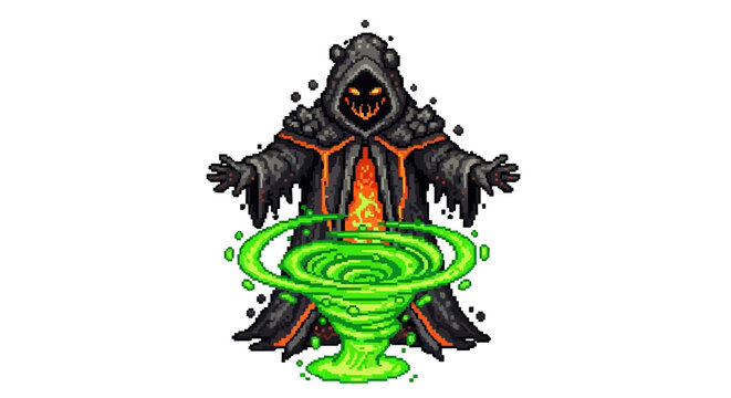 Mysterious dark wizard casting a powerful green magic spell.