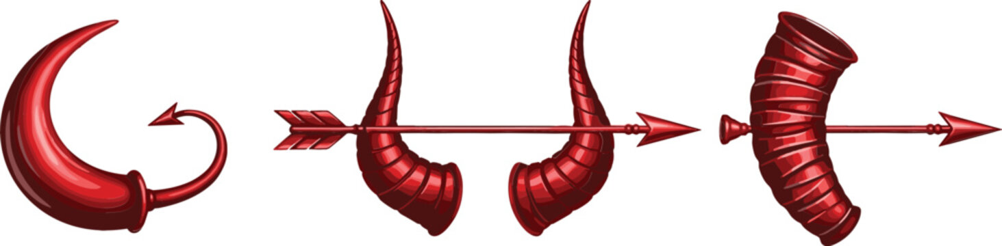 Devil horns and tail set with red fantasy elements and arrow details vector illustration for halloween design costume accessories and spooky themed graphics
