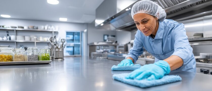Professional cleaner in hairnet and gloves meticulously sanitizes a stainless steel kitchen countertop with a blue microfiber cloth