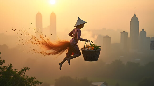 Traditional Indonesian jamu herbal seller woman in batik kebaya levitating above city skyline at golden hour, magical realism concept for wellness and natural medicine brands
