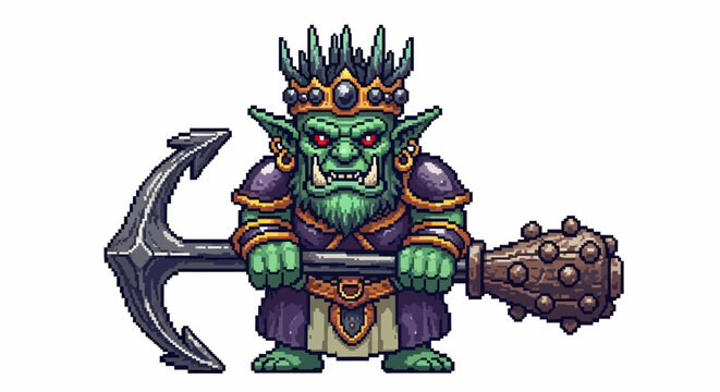 Green Orc King Warrior Holding Anchor and Mace.