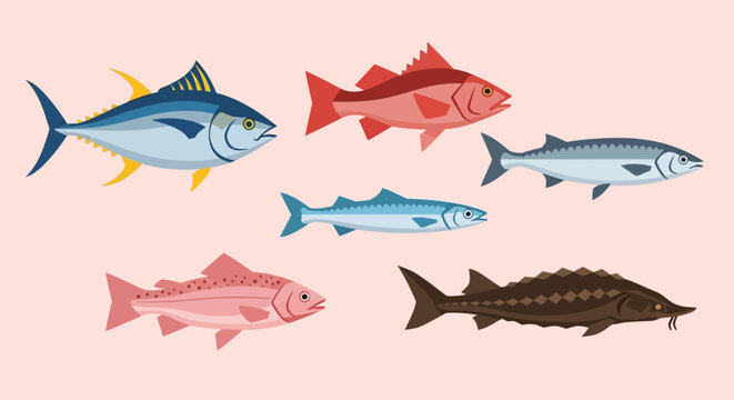 Group of Colorful Stylized Fish in Various Colors and Sizes.