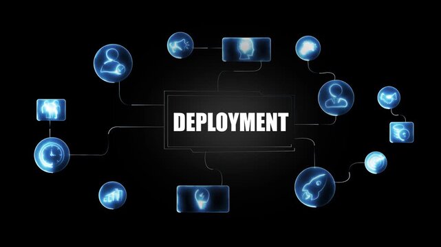 Dynamic digital deployment concept featuring animated network nodes and interconnected business for modern corporate software development and cloud infrastructure