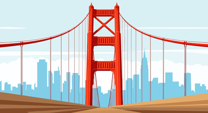 Iconic red suspension bridge spanning a city skyline over a calm river with dramatic perspective.
