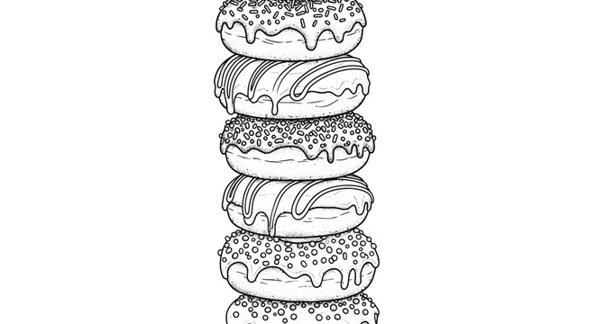 Whimsical black-and-white stack of donuts illustration featuring sweet pastries.