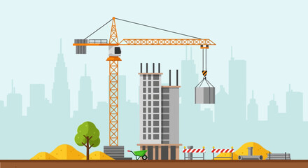 Obraz premium Under Construction in Progress: Skyscraper Crane at Urban Site and City Skyline.