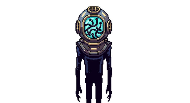 Mysterious deep sea diver with glowing helmet.
