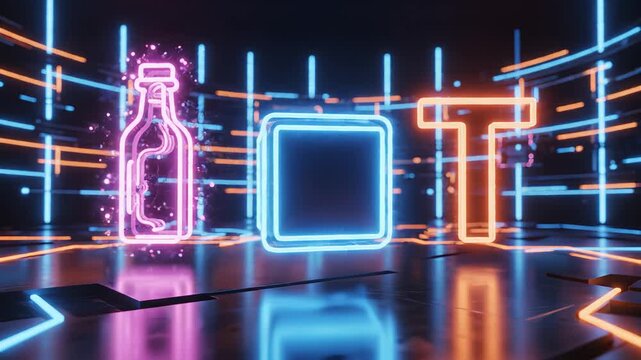 Neon glowing bottle cube and letter symbolizing conceptual art and dynamic energy