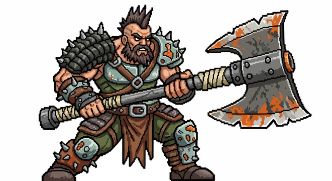 Fierce Barbarian Warrior with Large Rusty Axe.