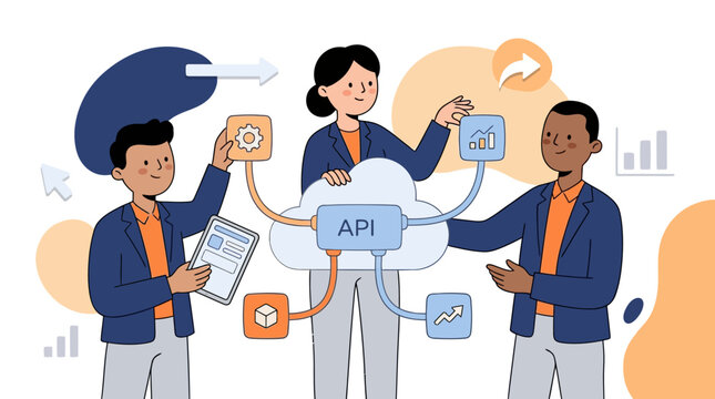 Microservices architecture connecting different services via cloud api is ideal for technology websites, software development blogs, and it presentations.