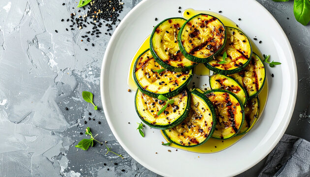 Sliced grilled zucchini artfully on white plate, black cumin seeds and elegant honey sauce drizzle, concrete backdrop, tasty food.