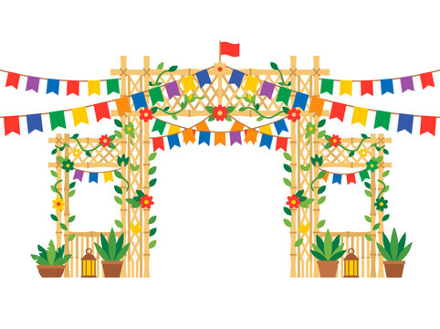 Festive archway decorated with colorful flags and floral elements, perfect for celebrations