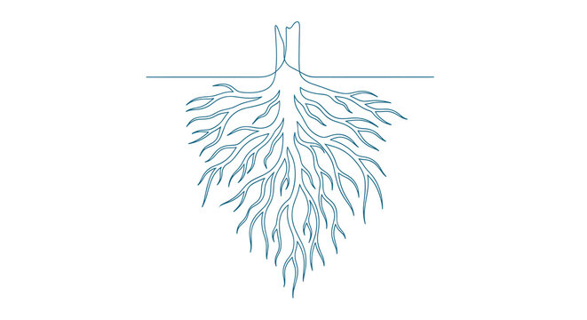 A detailed blue outline of spreading tree roots extends downwards from a single horizontal line set against a stark and clean white background environment.