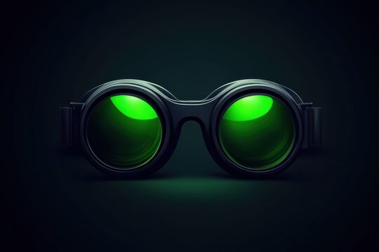 Black goggles with luminous green lenses against a dark green backdrop