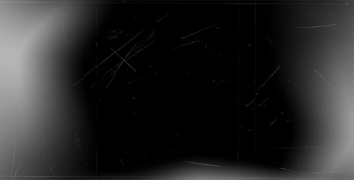 Old film leak frame with scratches and horror camera effect for analog cinema. Film noise on black background with old light overlay and glare. Vintage vector texture in monochrome noir aesthetic.