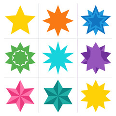Obraz premium A vibrant collection of nine colorful star illustrations, each uniquely designed, offering a playful and eye-catching visual experience. These stars are arranged in a grid pattern.