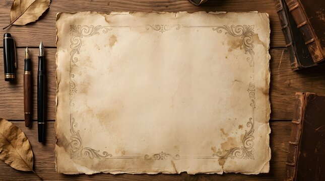 Blank aged parchment paper with vintage writing implements and books writing tools antique paper historical document withered leaf parchment calligraphy