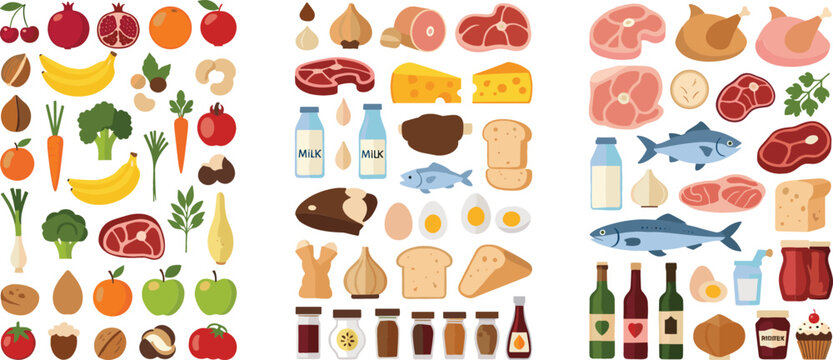 Large collection of food icons including fruits vegetables meat fish dairy bread and beverages in flat vector style for grocery, nutrition, and menu design