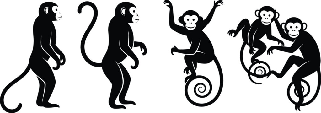 Monkey silhouettes collection with playful poses black vector illustration for wildlife design jungle themes animal graphics and decorative elements