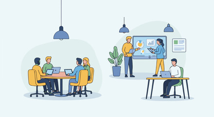 Fototapeta premium People collaborating and presenting in a modern office environment with laptops and charts