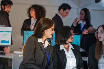 Obraz premium Multiethnic women in tech discussing threat intelligence data with team members in background. Professional IT squad planning privacy preserving AI models at a modern command center.