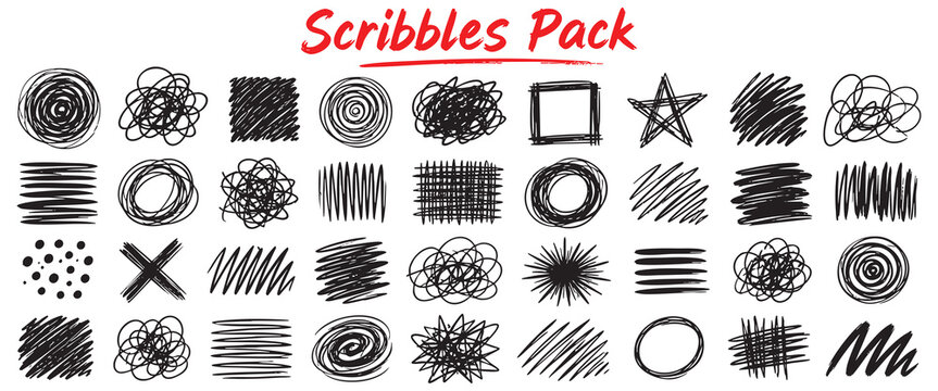 Set of hand drawn scribbles, sketches, and doodle shapes isolated on white background