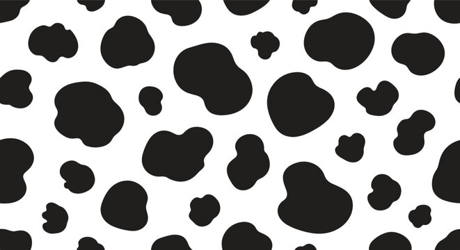Seamless cow print pattern with abstract black spots on white background in minimal vector style for fashion, textile, animal design, and trendy decor