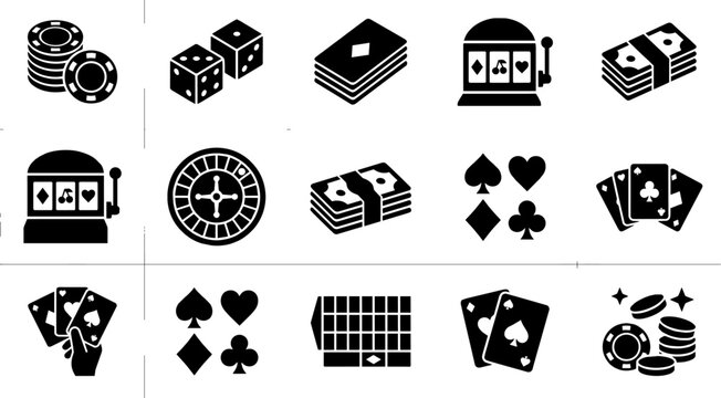 Gambling and casino icons set with cards, dice, roulette, and money