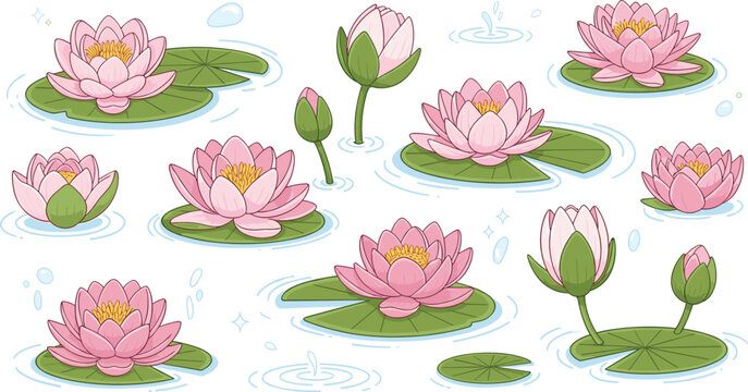 Water Lily Flower Icon Set Featuring Pink Lotus Blossoms, Buds, and Green Lily Pads on Water for Garden, Nature, and Floral Designs