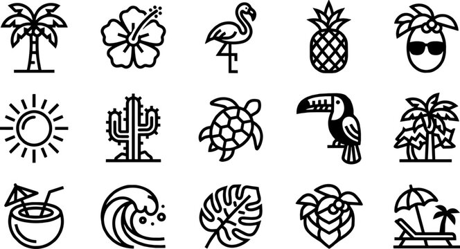 Tropical vacation outline icons collection with palm, flamingo, and sun