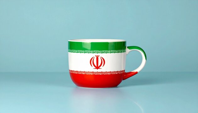   
"Iranian flag mug on blue background, everyday object symbolizing cultural pride."