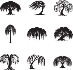 Stylized willow tree silhouette vector icon set with drooping branches in elegant black design. © Mst.Atina
